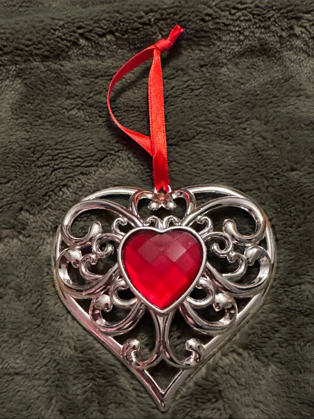 Lenox Bejeweled Heart Ornament Silverplate Christmas 3" Heart Ornament Red Gem